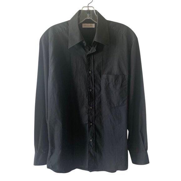 CHRISTIAN DIOR Solid Black Men's Long Sleeve Button-Up Collared Dress Shirt S - Picture 1 of 8